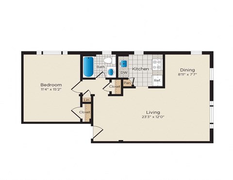 Floor plan for 1 bed, 1 bath, 607 sqft
